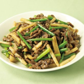 牛肉とにんにくの芽のオイスター炒め