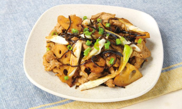 れんこんと豚肉の塩昆布蒸し